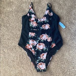 Floral and black contrast one piece bathing suit